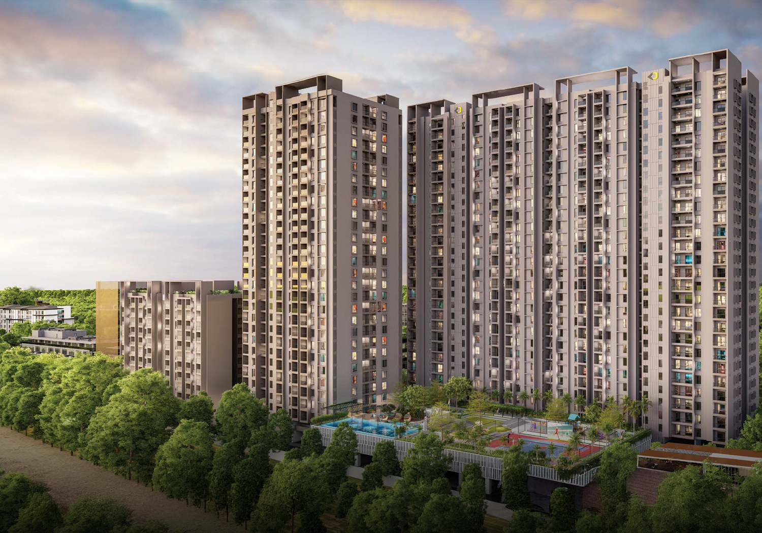 Exterior view of Krisala Aventis &mdash; photo gallery, images, brochure, amenities, cost sheet, price breakup, availability details, RERA number, RERA certificate, possession date, layout plan, logo, floor plan, master plan, and location map showcasing project highlights and features.